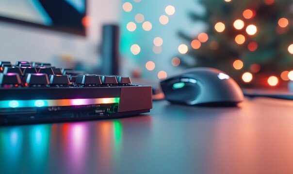 Illuminated gaming keyboard and mouse on desk with Christmas lights.
