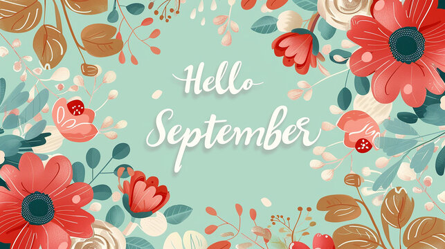 A tranquil "Hello September" message surrounded by a blend of soft and vibrant flowers on a soothing backdrop, heralding the transition to autumn with a sense of warmth and beauty.