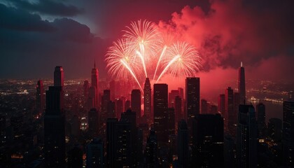 Fototapeta premium Spectacular Fireworks Display Over the City Skyline at Night: A Breathtaking Aerial View of Urban Celebration
