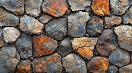 Fototapeta premium Rustic Stone Wall Texture: A Close-Up of Irregularly Shaped Stones in Earthy Tones