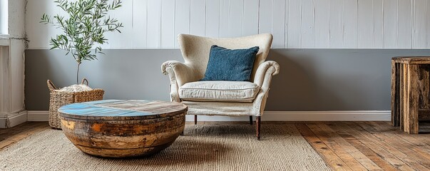 A cozy living room featuring a vintage armchair, rustic wooden coffee table, and natural decor elements.
