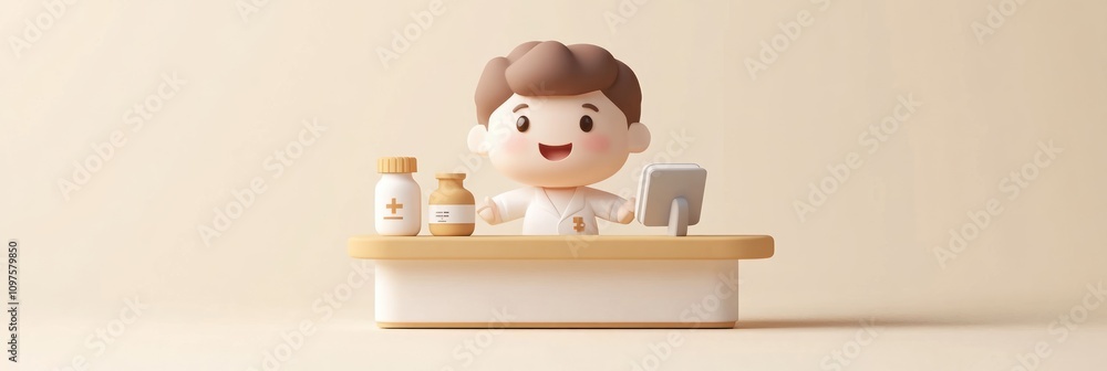 Poster a cheerful character stands behind a counter with bottles, suggesting a friendly service.