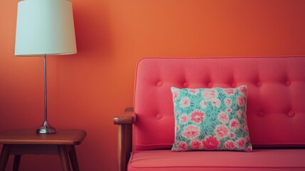 Mid-Century Modern Interior: Coral Sofa and Table Lamp