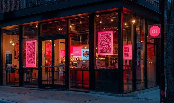 Illuminated storefront at night with pink accents.