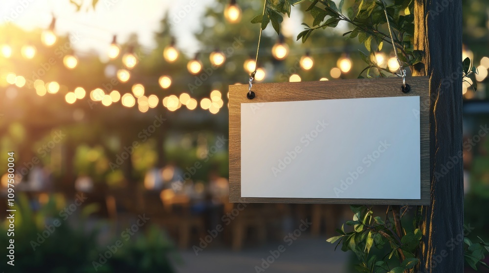 Poster a blank sign hanging in a garden setting with string lights and a blurred dining area.