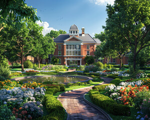 Obraz premium A charming school building with classic architecture, set in a well-manicured garden featuring seasonal flowers, shaded pathways, and a small pond, evoking a serene atmosphere.