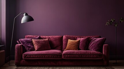 A cozy sofa, lamp, and walls painted in deep dusty mauve hues create a serene, contemporary ambiance in this moody, dark living room.