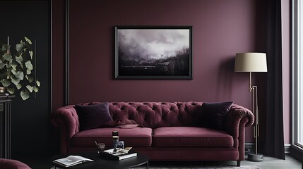 A moody, dark living room featuring a plush sofa, lamp, and walls painted in deep dusty mauve tones, evoking a calming, modern atmosphere.