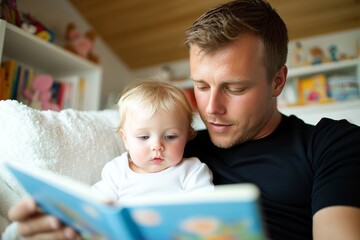 Fototapeta premium Father and Son Reading Together on White Couch Bonding Moments of Love and Care