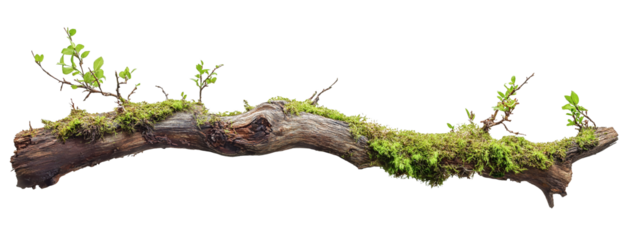 green mossy tree branch log isolated in transparent background. cut out