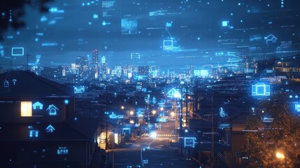 A futuristic cityscape illuminated by digital icons representing technology and connectivity.