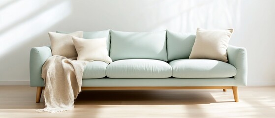 Light teal sofa with beige pillows and throw, sunlight.