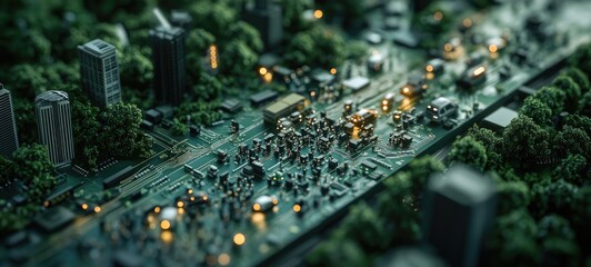 A green circuit board with city streets and trees on it, the road leading to an electronic chip factory in close-up view