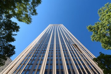 Obraz premium Low-angle view of a modern skyscraper against a clear blue sky, framed by lush green trees.