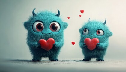 Cute Fluffy Blue Monster Holding Heart Adorable Illustration for Valentine's Day