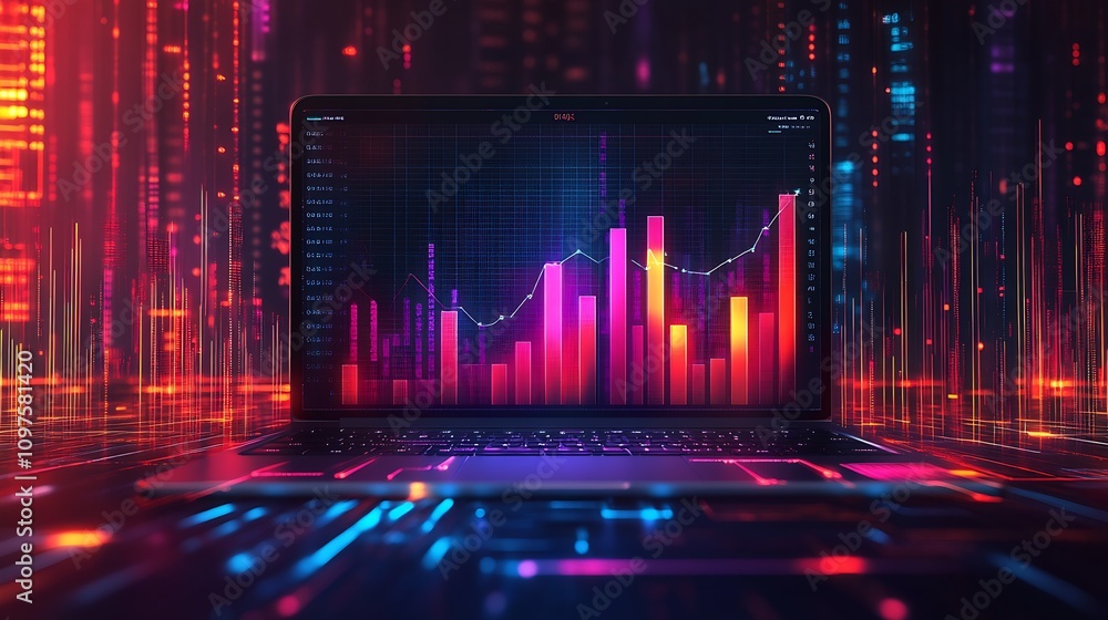 Fototapete Modern Laptop Displaying Colorful Bar Graph and Data Analytics with Digital Interface : Generative AI