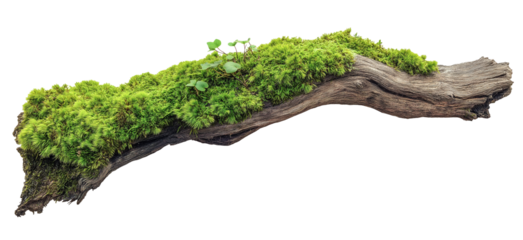 green mossy tree branch log isolated in transparent background. cut out