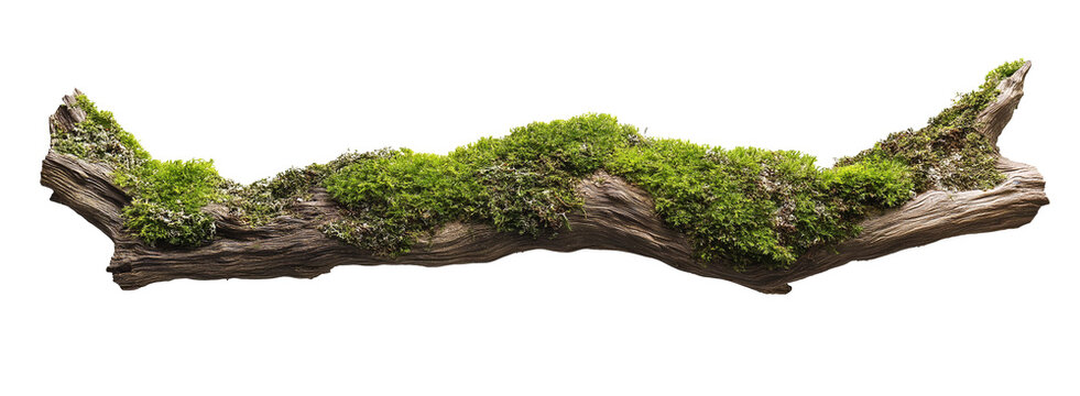 green mossy tree branch log isolated in transparent background. cut out