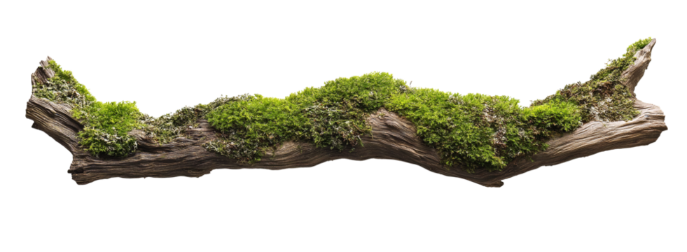 green mossy tree branch log isolated in transparent background. cut out