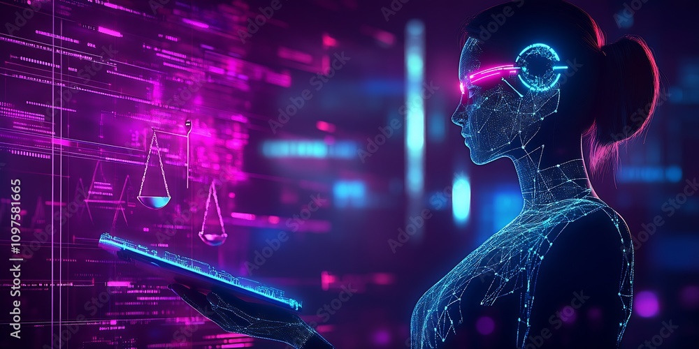 Poster futuristic vr ai woman using holographic technology for innovative digital solutions : generative ai