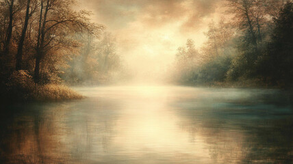 Ethereal Morning Mist over Serene River Landscape