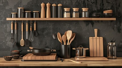 Kitchen stand for product presentation with utensils on wooden table. HD Realistic.