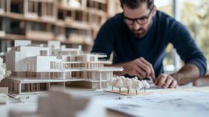 Architect Working on Detailed Building Model in Studio