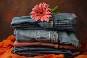 A pile of jeans with a pink flower on top