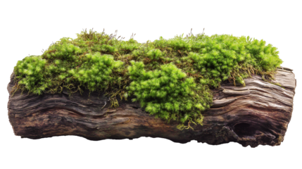 tree trunk log with green moss isolated in transparent background. cut out