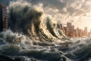 Gigantic Sea Wave Engulfs Tall Buildings in Dramatic Panorama