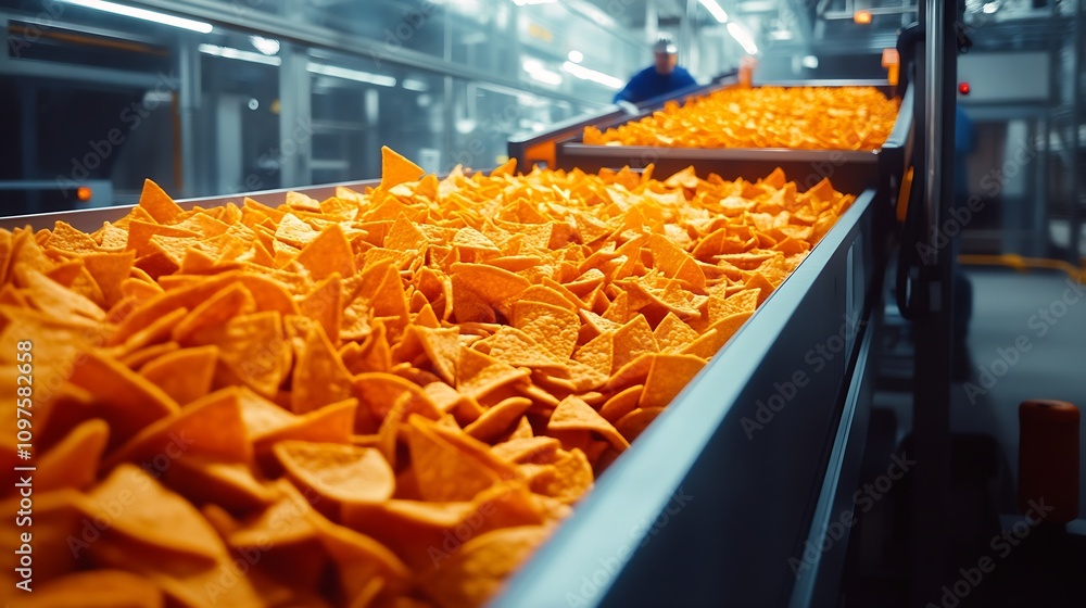 Poster automated tortilla chip production factory with endless conveyor belt of fresh snacks : generative a