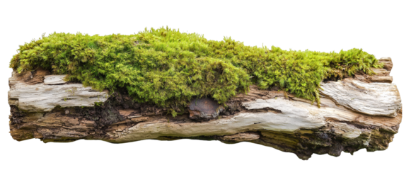 tree trunk log with green moss isolated in transparent background. cut out