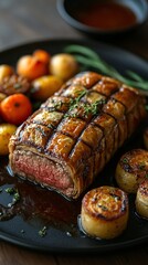 A beautifully plated roast beef surrounded by colorful vegetables, showcasing a rich, succulent texture and garnished with herbs.