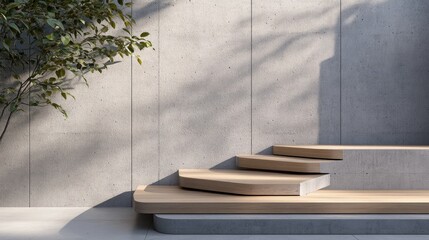Modern Architectural Design with Artistic Wooden Steps and Minimalist Concrete Wall backdrop in a Serene Outdoor Setting