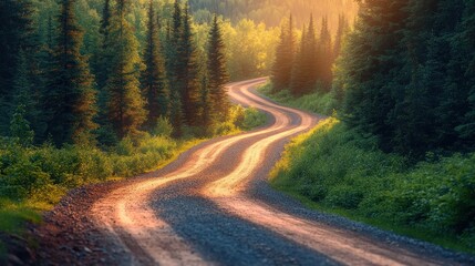 Obraz premium Serene Sunset Drive: A Winding Gravel Road Through a Lush Evergreen Forest