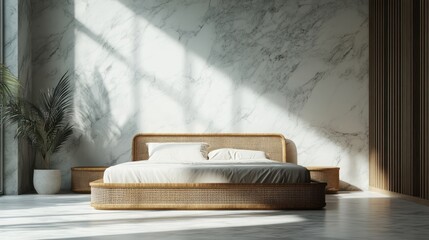 Serene Minimalist Bedroom Interior Design: Sunlight Through Window Illuminates Rattan Bed Against Marble Wall