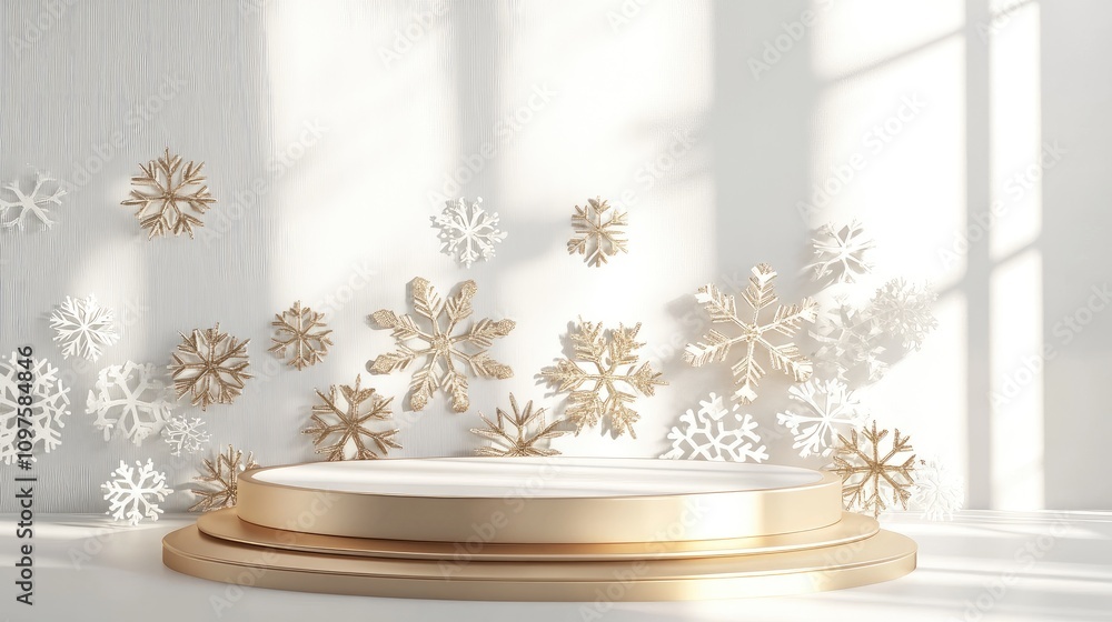 Poster elegant winter display with snowflakes and bright light shining through windows on minimalist stage 