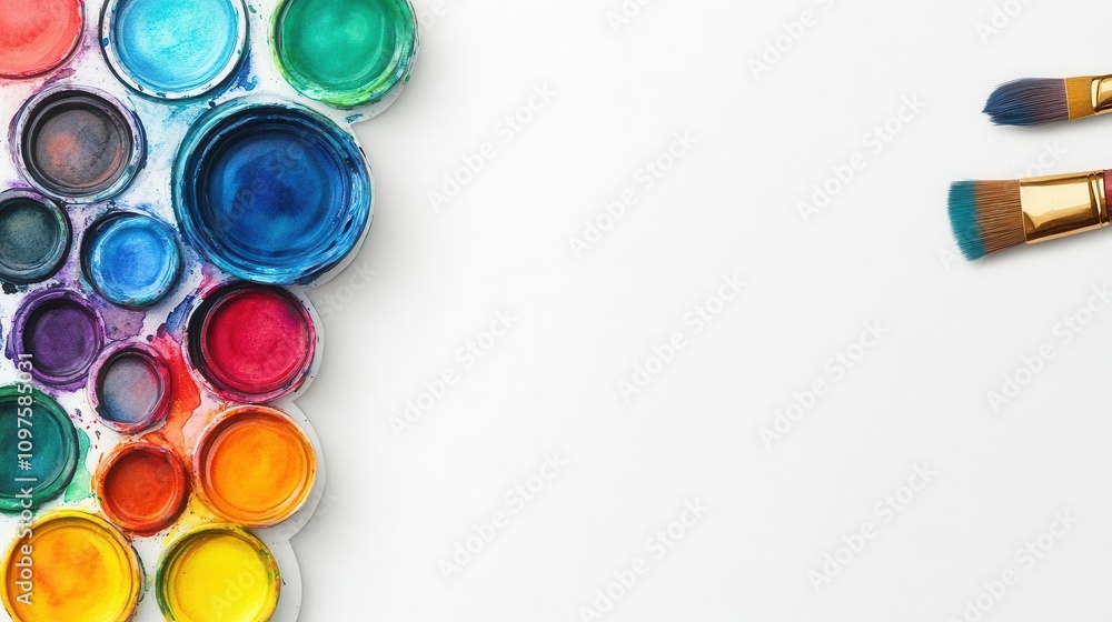 Poster a vibrant array of paint pots in various colors alongside two paintbrushes, perfect for artistic cre