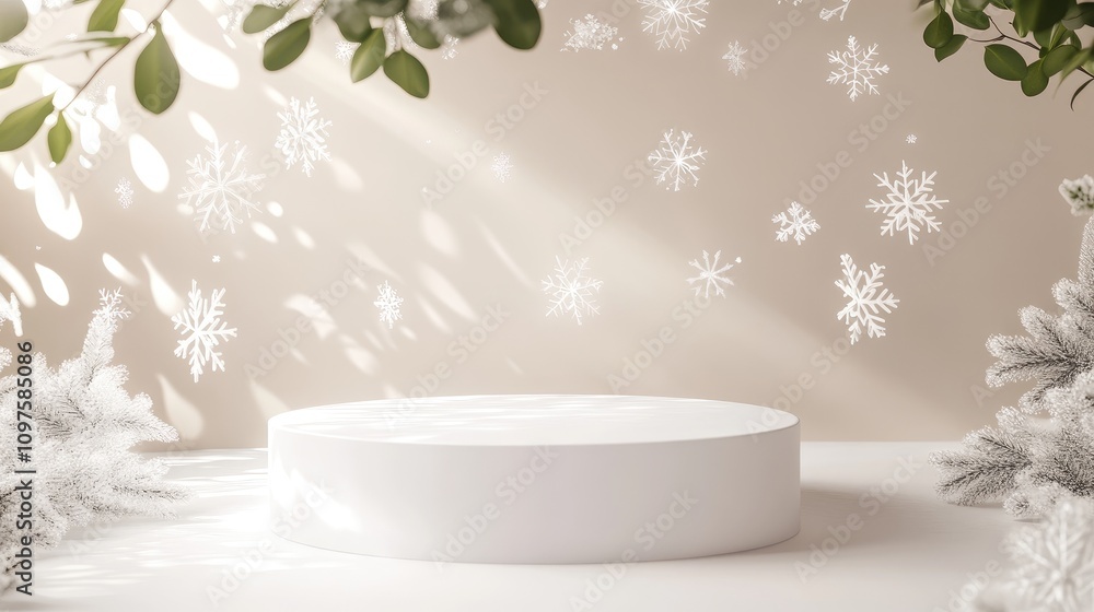 Poster serene winter scene featuring a circular display platform surrounded by elegant snowflakes and lush 