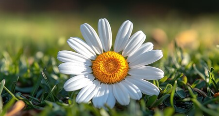 Fototapeta premium A Single Daisy in the Grass: A Breathtaking Close-Up