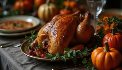 A Delicious Roasted Turkey Centerpiece for Thanksgiving Feast: Golden-Brown Bird, Autumnal Decorations, and Festive Table Setting