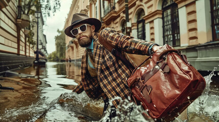 Naklejka premium Stylish entrepreneur in a plaid suit navigating a flooded street with a leather bag, showcasing adaptability, resilience, and crisis-ready professionalism.