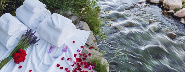 A top-down view of a luxurious spa setup with fresh white towels, lavender sprigs, and rose petals arranged beside a tranquil river stream, soft natural lighting