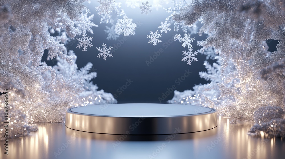 Poster winter wonderland scene with snowflakes and sparkling lights featuring a round display platform for 