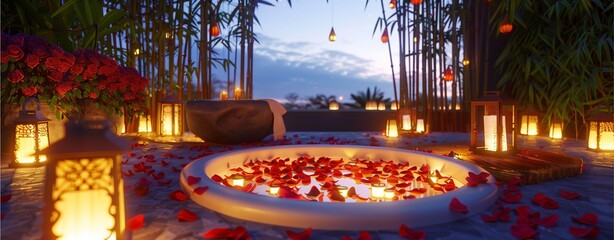 A relaxing spa tub outdoors, filled with rose petals and surrounded by glowing lanterns and bamboo elements under the evening sky, more clarity with clear light and sharp focus 