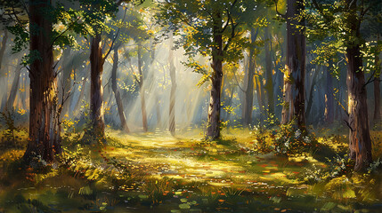 Obraz premium A tranquil landscape painting of a peaceful forest glade, with sunlight filtering through the trees and dappling the forest floor with patches of golden light.