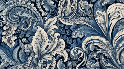 Abstract baroque paisley motifs in Mediterranean-inspired blue and white tones for seamless hand-drawn design. AI generative.