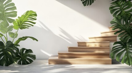 Modern interior design featuring elegant wooden staircase surrounded by lush green tropical plants and soft sunlight creating a serene atmosphere
