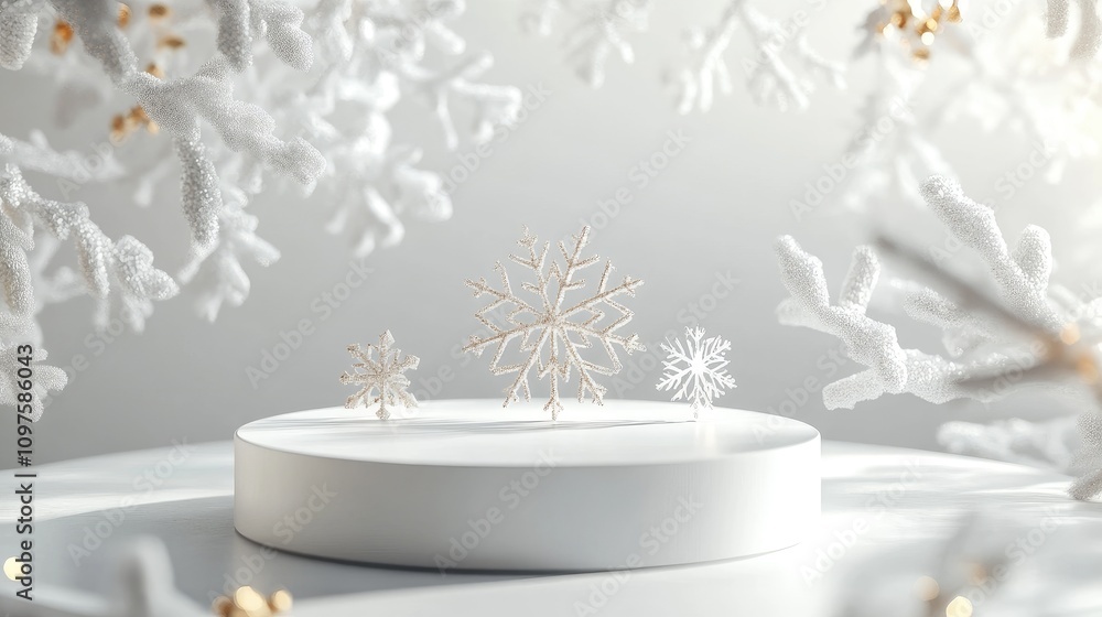Poster elegant white snowflakes on display in a serene winter wonderland setting with soft lighting and del