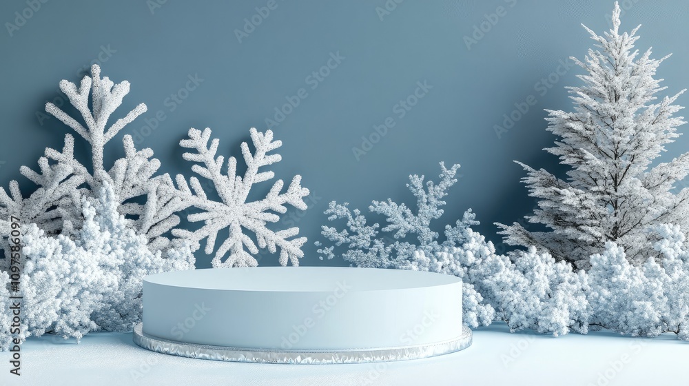 Poster Minimalistic Snowy Winter Scene Featuring a Smooth Circular Platform Surrounded by Intricate Snowflakes and Frosty Trees Against a Soft Blue Background